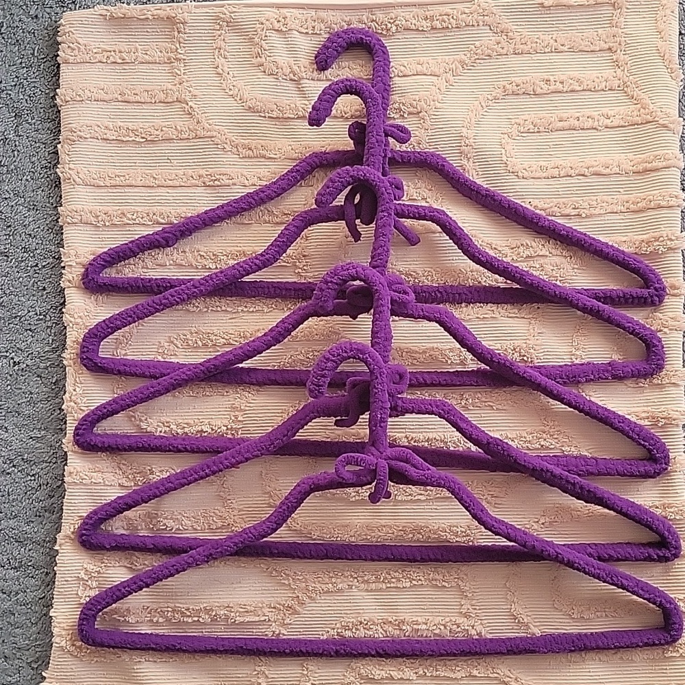 Handmade Hangers, set of five. Purple, new.